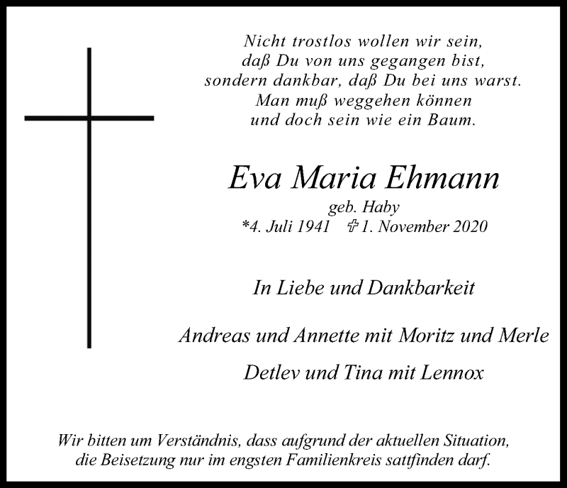  Traueranzeige für Eva Maria Ehmann vom 07.11.2020 aus Kölner Stadt-Anzeiger / Kölnische Rundschau / Express