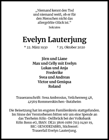 Anzeige von Evelyn Lauterjung von Kölner Stadt-Anzeiger / Kölnische Rundschau / Express