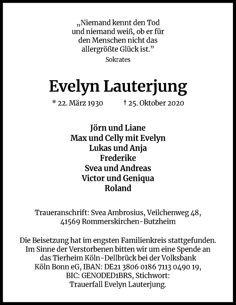  Traueranzeige für Evelyn Lauterjung vom 30.11.2020 aus Kölner Stadt-Anzeiger / Kölnische Rundschau / Express