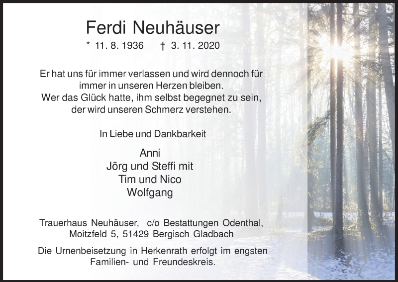  Traueranzeige für Ferdi Neuhäuser vom 07.11.2020 aus Kölner Stadt-Anzeiger / Kölnische Rundschau / Express