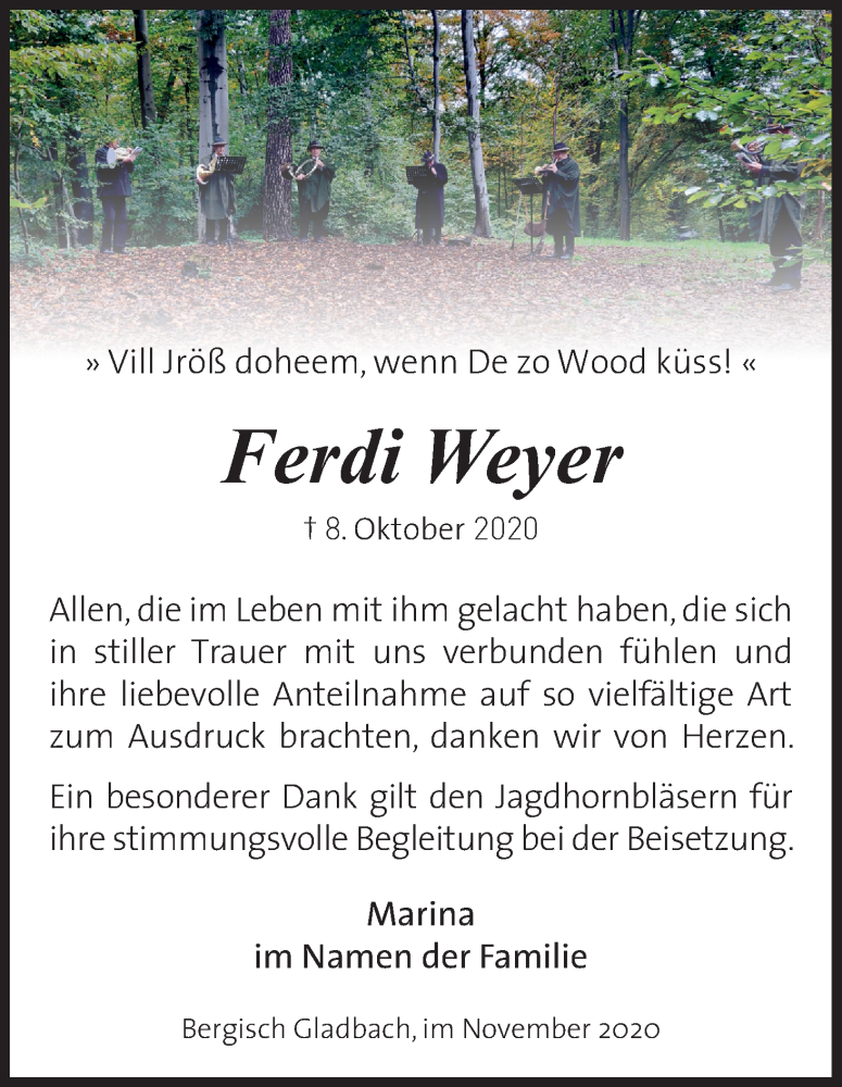  Traueranzeige für Ferdi Weyer vom 07.11.2020 aus Kölner Stadt-Anzeiger / Kölnische Rundschau / Express