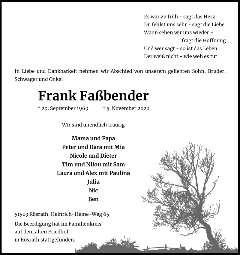  Traueranzeige für Frank Faßbender vom 21.11.2020 aus Kölner Stadt-Anzeiger / Kölnische Rundschau / Express
