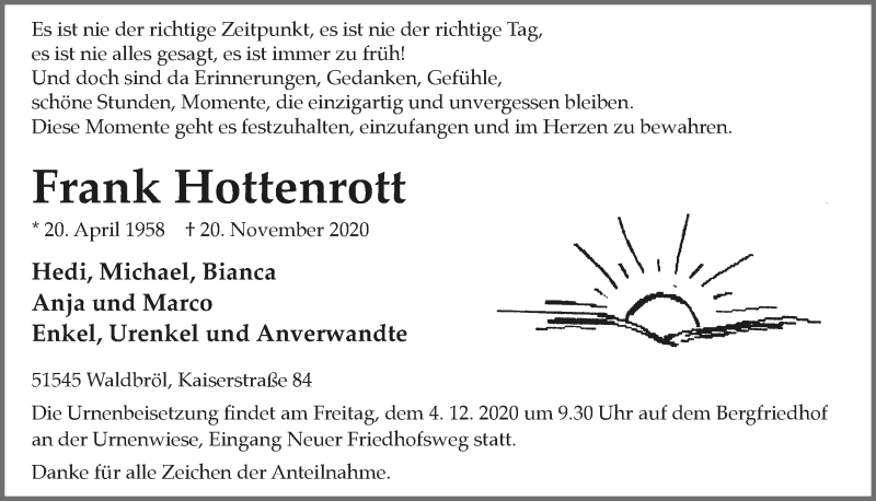  Traueranzeige für Frank Hottenrott vom 27.11.2020 aus  Lokalanzeiger 