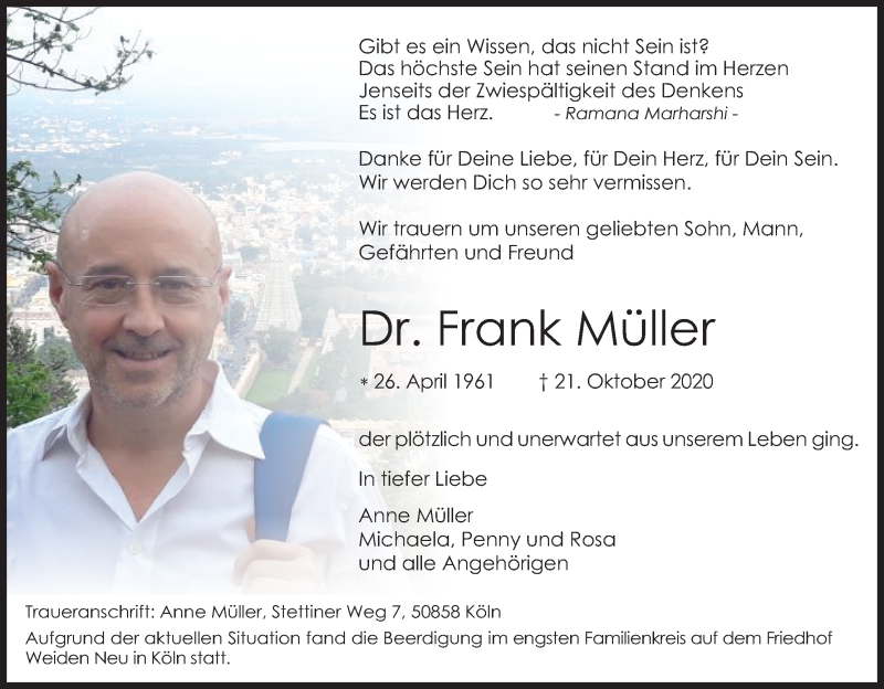  Traueranzeige für Frank Müller vom 07.11.2020 aus Kölner Stadt-Anzeiger / Kölnische Rundschau / Express