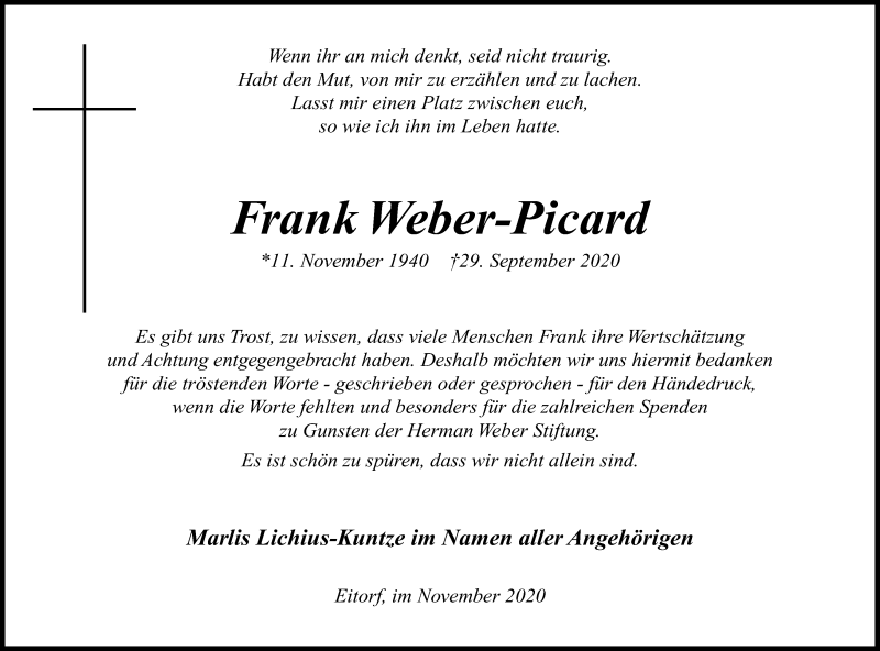  Traueranzeige für Frank Weber-Picard vom 28.11.2020 aus Kölner Stadt-Anzeiger / Kölnische Rundschau / Express