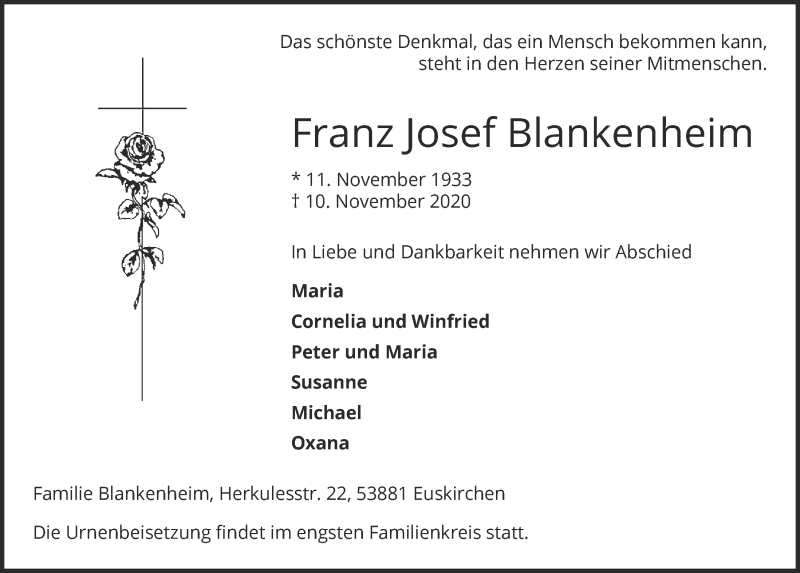  Traueranzeige für Franz Josef Blankenheim vom 14.11.2020 aus  Blickpunkt Euskirchen 