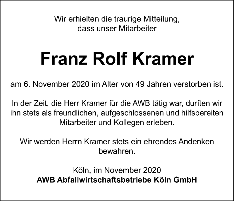  Traueranzeige für Franz Rolf Kramer vom 21.11.2020 aus Kölner Stadt-Anzeiger / Kölnische Rundschau / Express