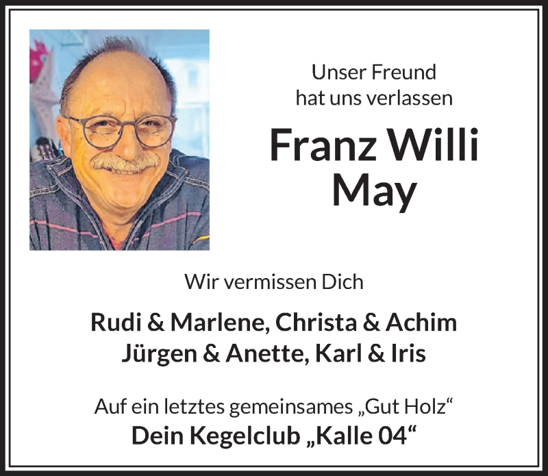  Traueranzeige für Franz Willi May vom 20.11.2020 aus  Schlossbote/Werbekurier 