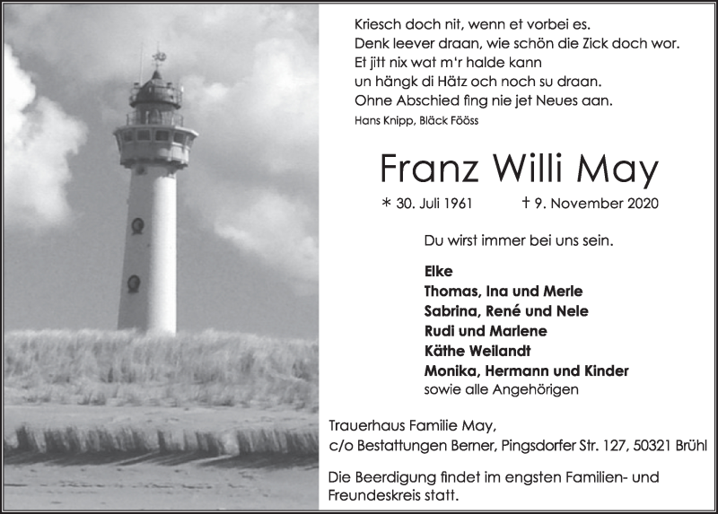  Traueranzeige für Franz Willi May vom 20.11.2020 aus  Schlossbote/Werbekurier 
