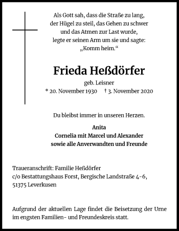 Anzeige von Frieda Heßdörfer von Kölner Stadt-Anzeiger / Kölnische Rundschau / Express