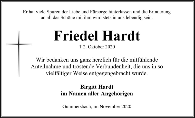  Traueranzeige für Friedel Hardt vom 27.11.2020 aus  Anzeigen Echo 