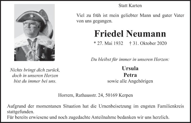  Traueranzeige für Friedel Neumann vom 20.11.2020 aus  Werbepost 