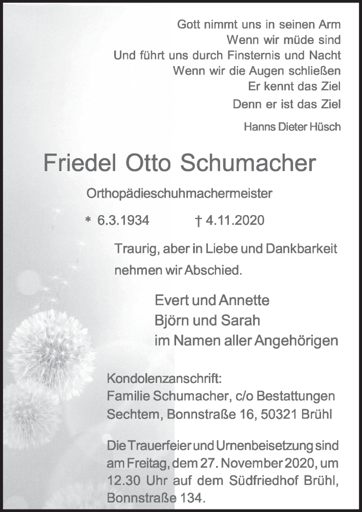  Traueranzeige für Friedel Otto Schumacher vom 20.11.2020 aus  Schlossbote/Werbekurier 