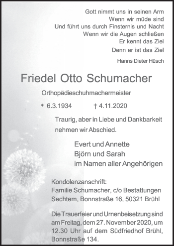 Anzeige von Friedel Otto Schumacher von  Schlossbote/Werbekurier 