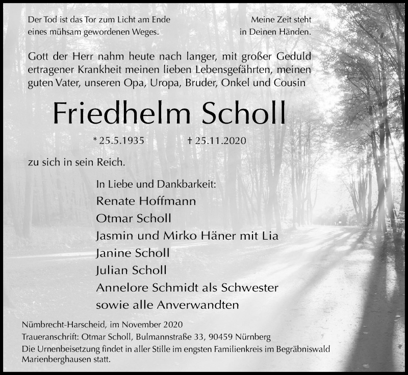  Traueranzeige für Friedhelm Scholl vom 28.11.2020 aus Kölner Stadt-Anzeiger / Kölnische Rundschau / Express