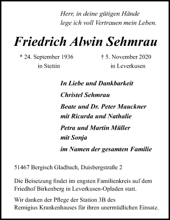 Anzeige von Friedrich Alwin Sehmrau von Kölner Stadt-Anzeiger / Kölnische Rundschau / Express