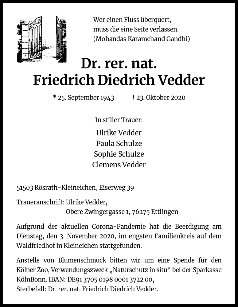  Traueranzeige für Friedrich Diedrich Vedder vom 07.11.2020 aus Kölner Stadt-Anzeiger / Kölnische Rundschau / Express