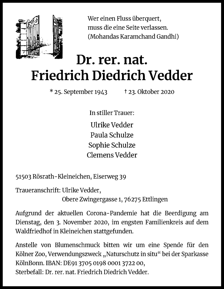  Traueranzeige für Friedrich Diedrich Vedder vom 07.11.2020 aus Kölner Stadt-Anzeiger / Kölnische Rundschau / Express