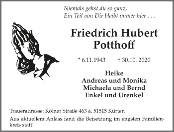 Anzeige von Friedrich Hubert Potthoff von  Bergisches Handelsblatt 