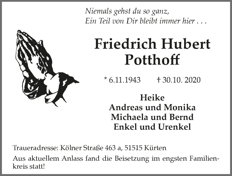  Traueranzeige für Friedrich Hubert Potthoff vom 13.11.2020 aus  Bergisches Handelsblatt 