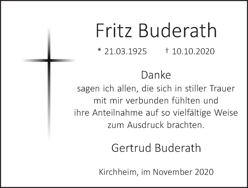  Traueranzeige für Fritz Buderath vom 14.11.2020 aus  Blickpunkt Euskirchen 