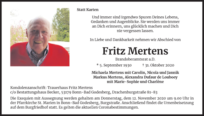  Traueranzeige für Fritz Mertens vom 07.11.2020 aus Kölner Stadt-Anzeiger / Kölnische Rundschau / Express