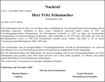 Anzeige von Fritz Schumacher von Kölner Stadt-Anzeiger / Kölnische Rundschau / Express