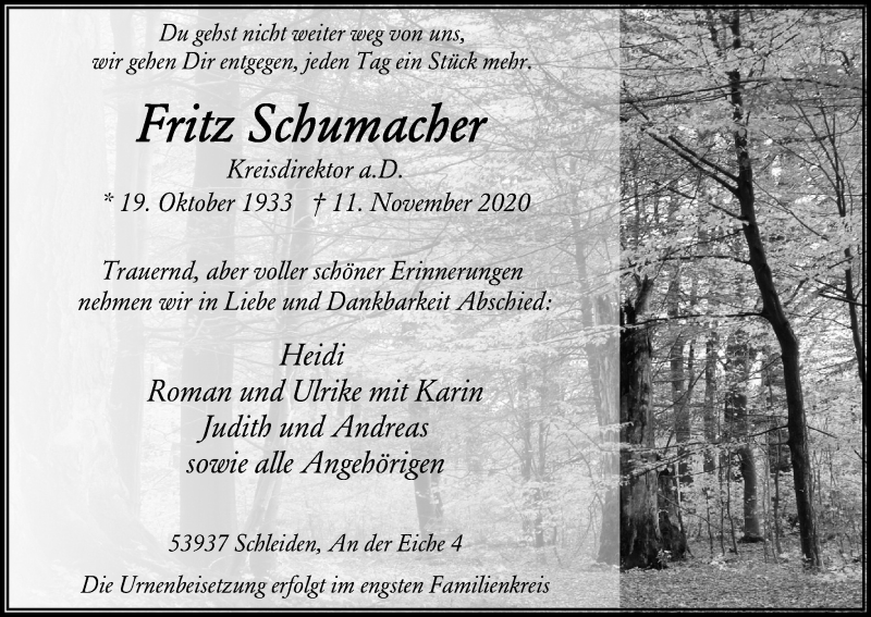 Traueranzeige für Fritz Schumacher vom 21.11.2020 aus Kölner Stadt-Anzeiger / Kölnische Rundschau / Express