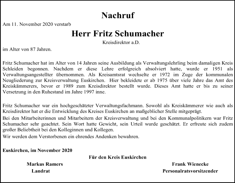  Traueranzeige für Fritz Schumacher vom 28.11.2020 aus Kölner Stadt-Anzeiger / Kölnische Rundschau / Express