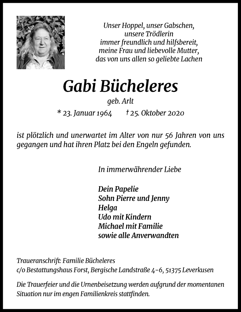  Traueranzeige für Gabi Bücheleres vom 21.11.2020 aus Kölner Stadt-Anzeiger / Kölnische Rundschau / Express