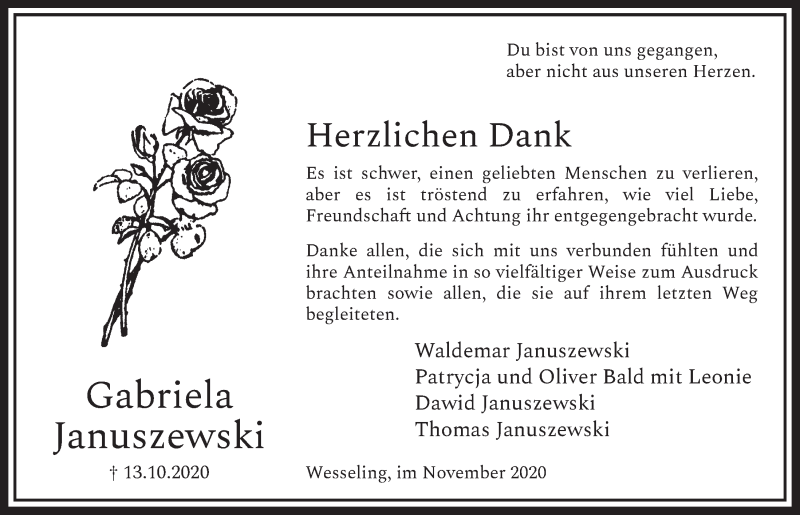  Traueranzeige für Gabriela Januszewski vom 06.11.2020 aus  Schlossbote/Werbekurier 