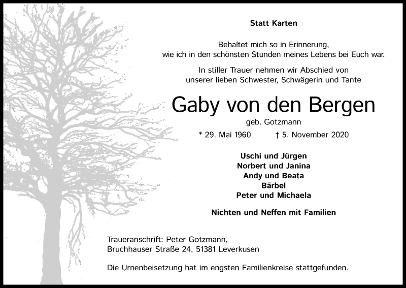  Traueranzeige für Gaby von den Bergen vom 21.11.2020 aus Kölner Stadt-Anzeiger / Kölnische Rundschau / Express