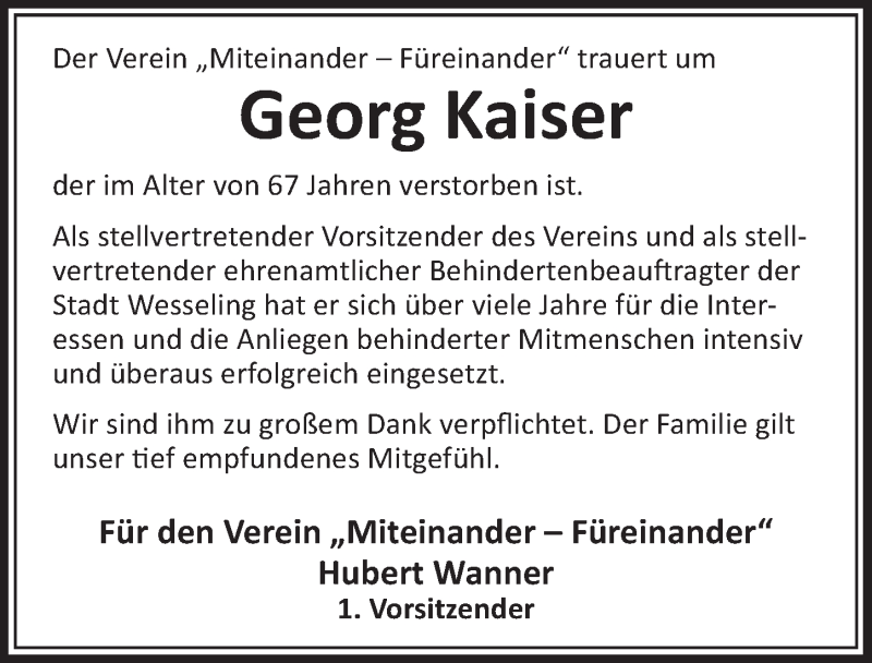  Traueranzeige für Georg Kaiser vom 20.11.2020 aus  Schlossbote/Werbekurier 