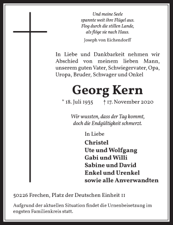 Anzeige von Georg Kern von  Wochenende 