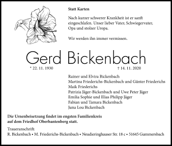 Anzeige von Gerd Bickenbach von Kölner Stadt-Anzeiger / Kölnische Rundschau / Express