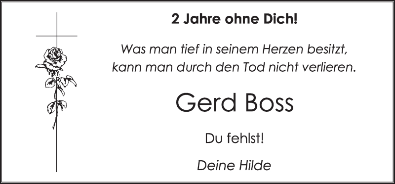  Traueranzeige für Gerd Boss vom 20.11.2020 aus  Schlossbote/Werbekurier 