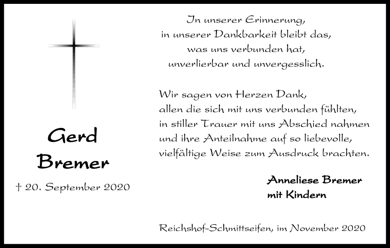  Traueranzeige für Gerd Bremer vom 13.11.2020 aus Kölner Stadt-Anzeiger / Kölnische Rundschau / Express