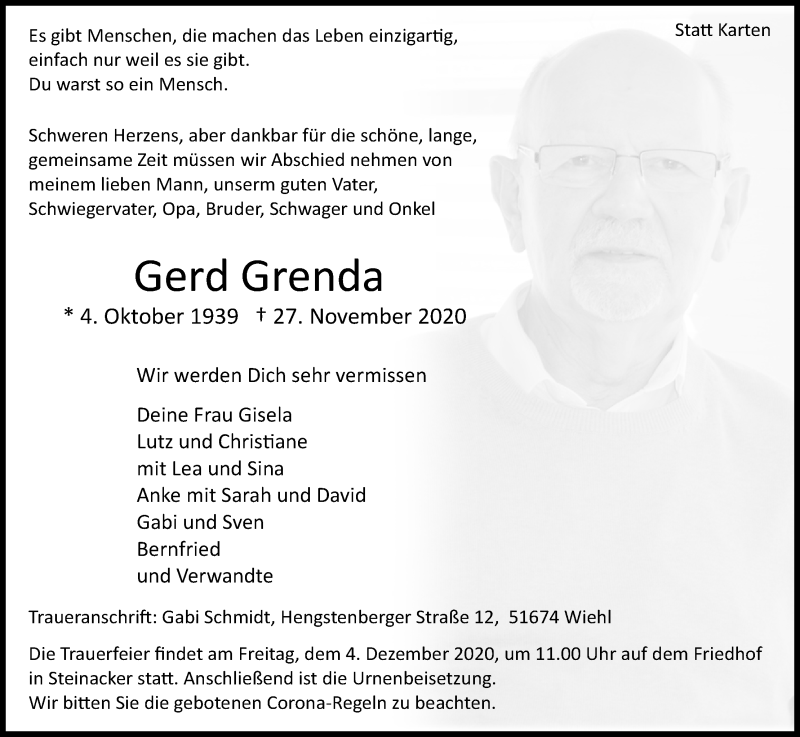  Traueranzeige für Gerd Grenda vom 01.12.2020 aus Kölner Stadt-Anzeiger / Kölnische Rundschau / Express