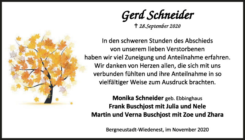  Traueranzeige für Gerd Schneider vom 13.11.2020 aus  Anzeigen Echo 