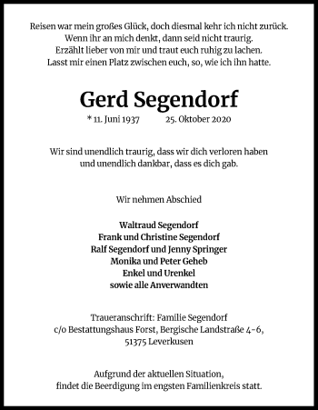 Anzeige von Gerd Segendorf von Kölner Stadt-Anzeiger / Kölnische Rundschau / Express