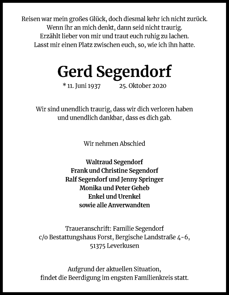  Traueranzeige für Gerd Segendorf vom 03.11.2020 aus Kölner Stadt-Anzeiger / Kölnische Rundschau / Express