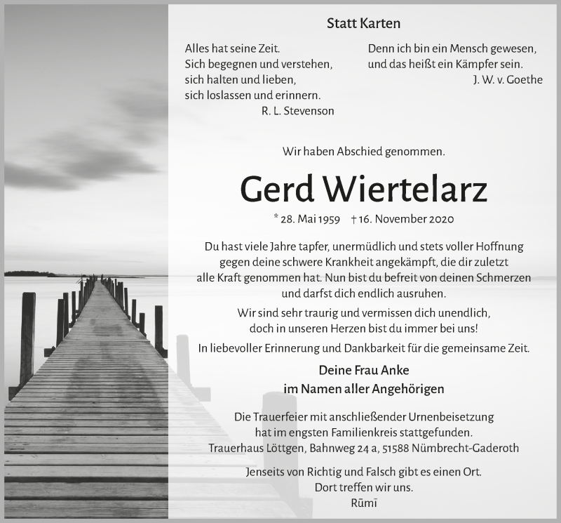  Traueranzeige für Gerd Wiertelarz vom 27.11.2020 aus  Anzeigen Echo  Lokalanzeiger 