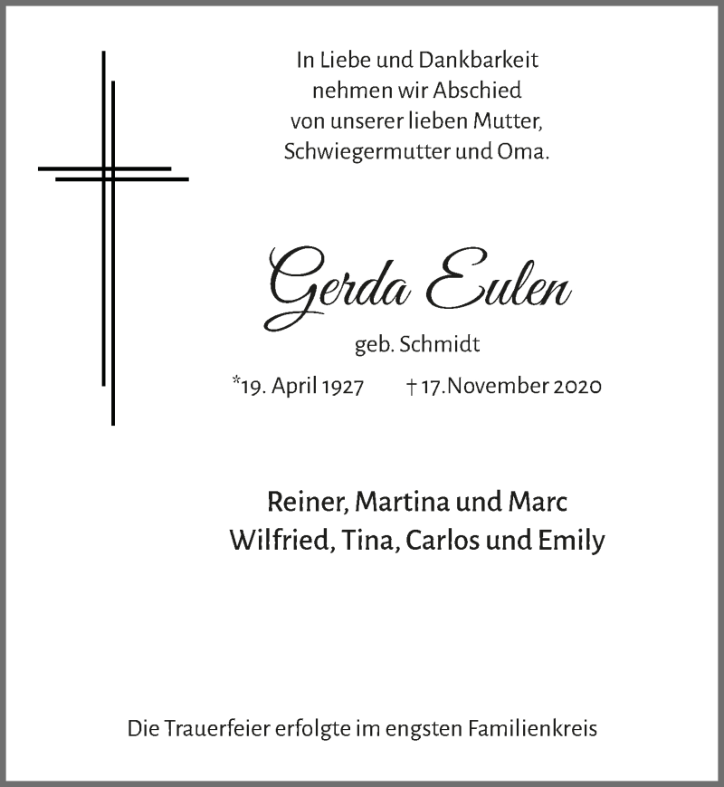  Traueranzeige für Gerda Eulen vom 27.11.2020 aus  Schaufenster/Blickpunkt 