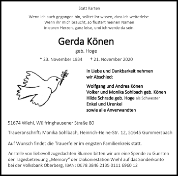 Anzeige von Gerda Könen von Kölner Stadt-Anzeiger / Kölnische Rundschau / Express