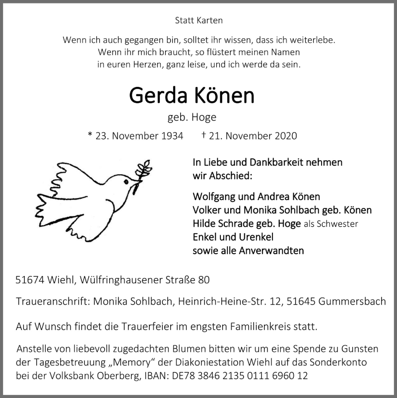  Traueranzeige für Gerda Könen vom 27.11.2020 aus  Anzeigen Echo 