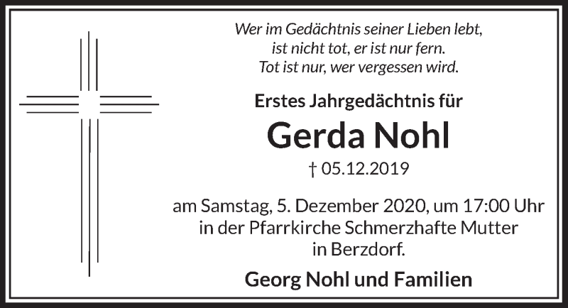  Traueranzeige für Gerda Nohl vom 27.11.2020 aus  Schlossbote/Werbekurier 