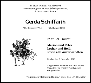 Anzeige von Gerda Schiffarth von Kölner Stadt-Anzeiger / Kölnische Rundschau / Express