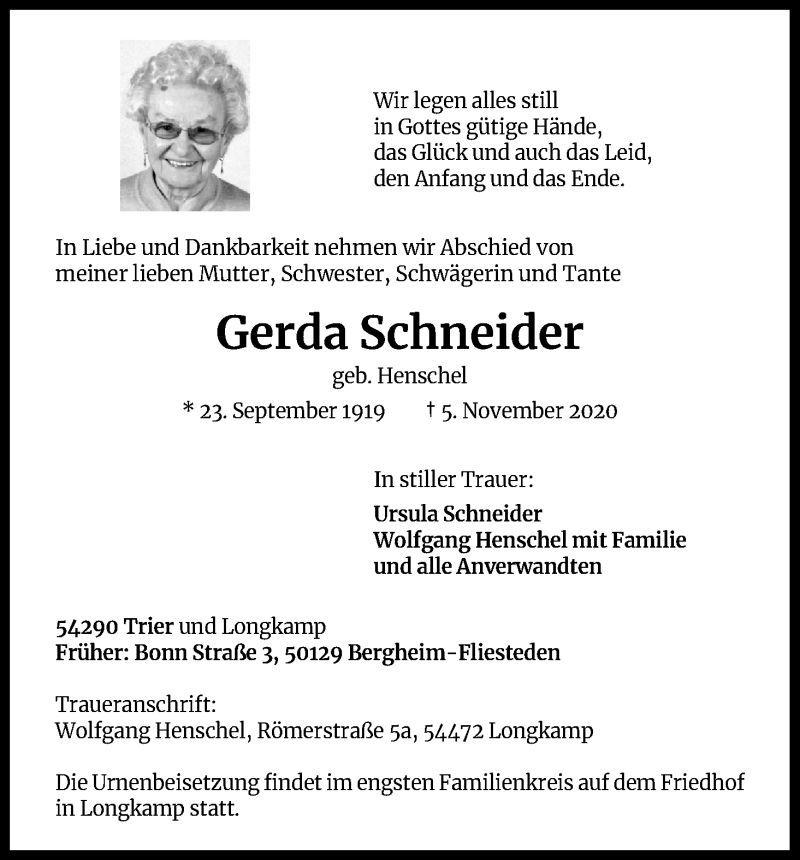  Traueranzeige für Gerda Schneider vom 14.11.2020 aus Kölner Stadt-Anzeiger / Kölnische Rundschau / Express