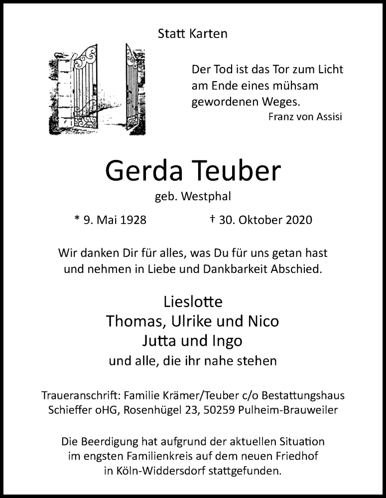  Traueranzeige für Gerda Teuber vom 07.11.2020 aus Kölner Stadt-Anzeiger / Kölnische Rundschau / Express