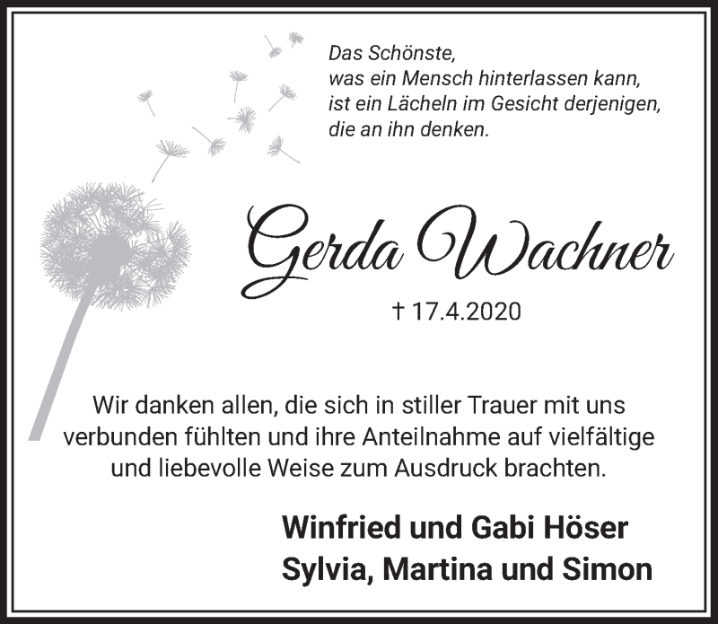  Traueranzeige für Gerda Wachner vom 06.11.2020 aus  Schlossbote/Werbekurier 